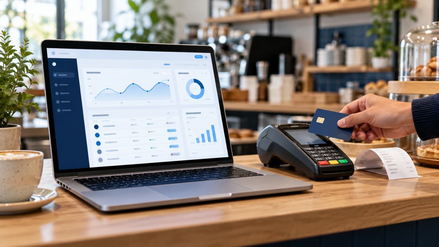 Laptop and card terminal at cafe counter